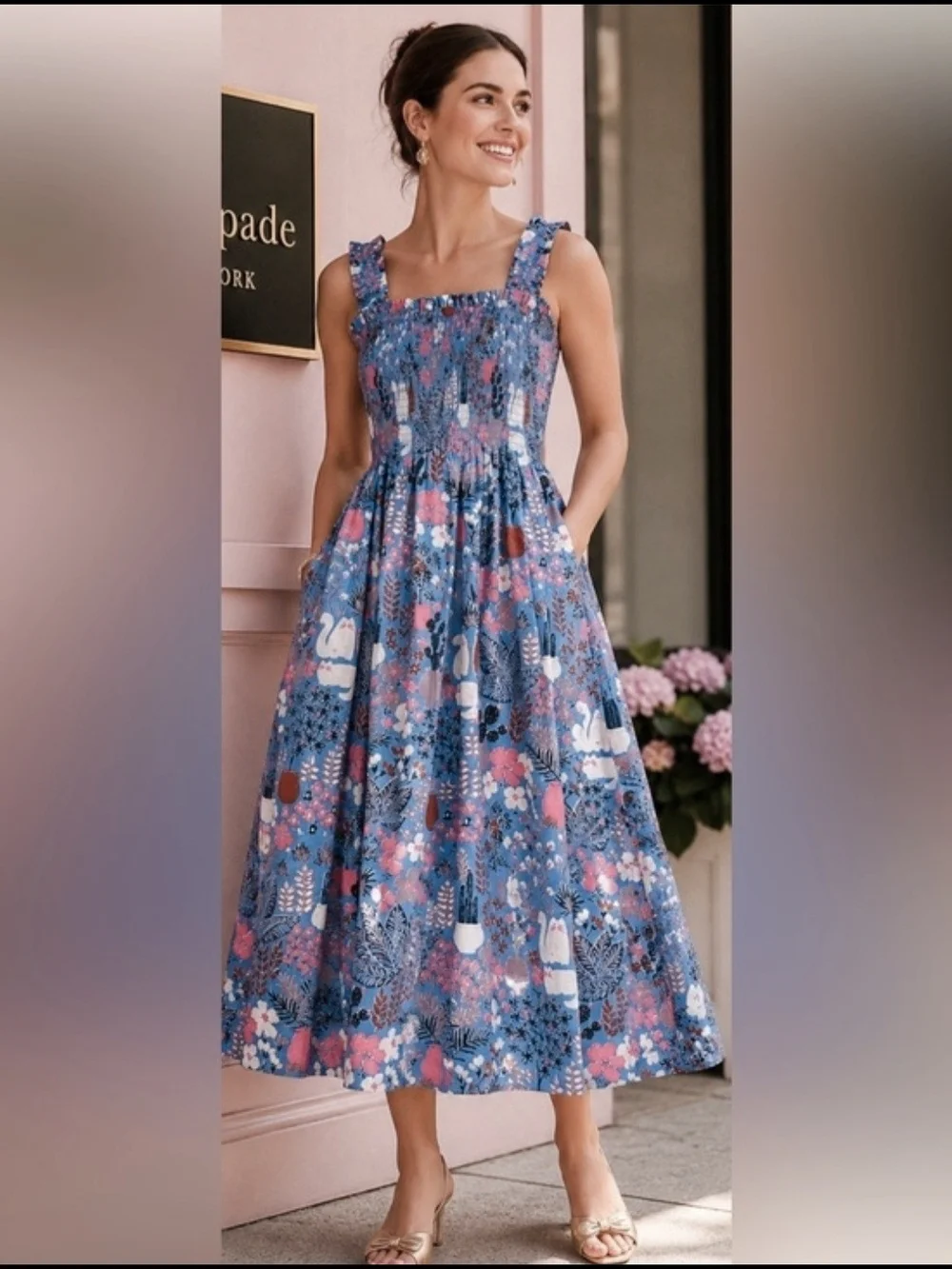 Kate Spade New York Cat Print Smocked Midi Dress Blue Floral Pockets Size XS